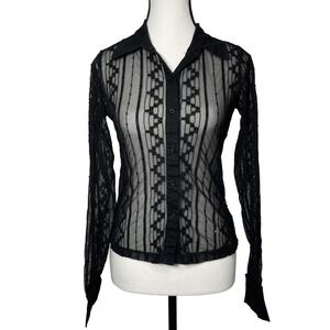 Twenty One Y2K Black Sheer‎ Lace Sequin Long Sleeve Button Down Top Blouse Small